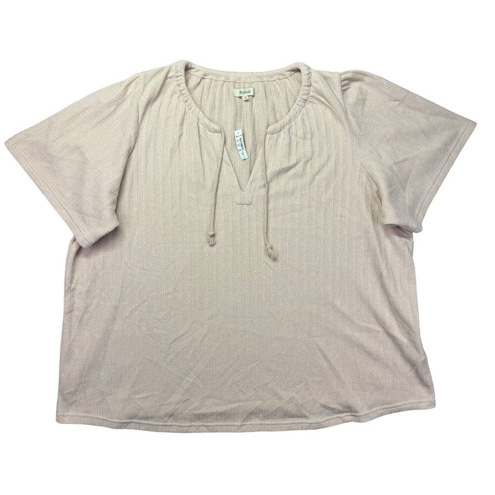 Madewell Top Womens 3X Pink Short Sleeve Plus Pointelle Tie-Neck Tunic Shirt NWT